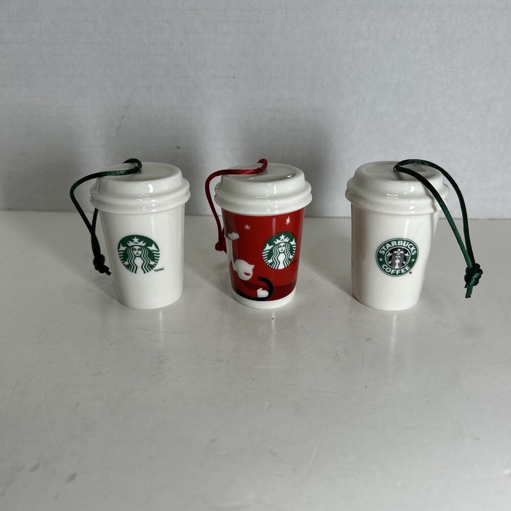 Mini 2011 STARBUCKS TO GO CUP Christmas Holiday Ornaments 1 Red Sledding 2 White